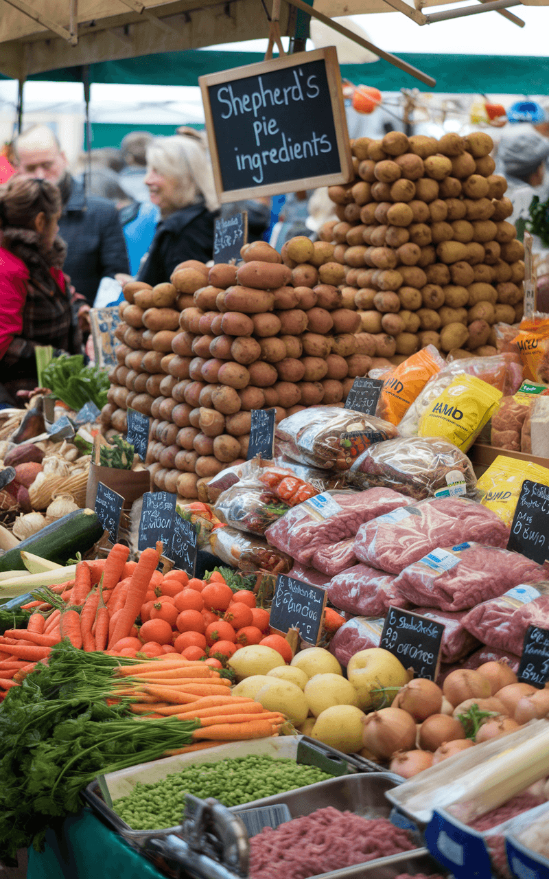 A busy farmer's market stall showcasing a colorful assortment of fresh lentils, potatoes, and seasonal vegetables ideal for making shepherd's pie.