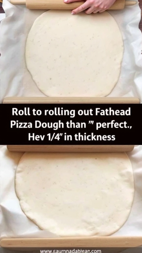 Fathead Pizza: The Ultimate Keto-Friendly Pizza Recipe 5 Person rolling out fathead pizza dough between parchment paper to a 1/4-inch thickness with a wooden rolling pin