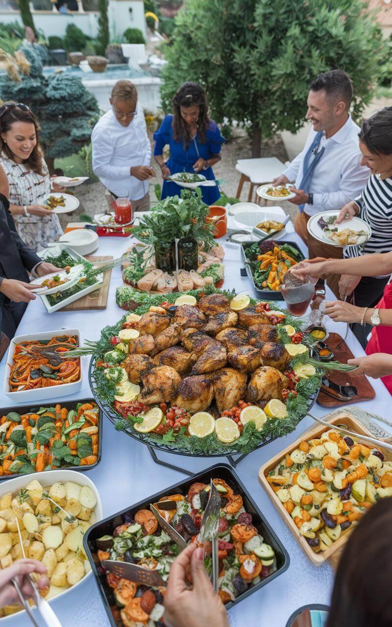Overhead view of an outdoor dinner party with guests serving from a large platter of herb-grilled chicken, surrounded by vibrant side dishes