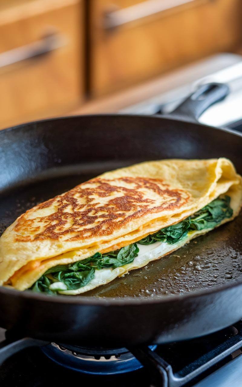 Folded egg white omelette filled with spinach on a plate.