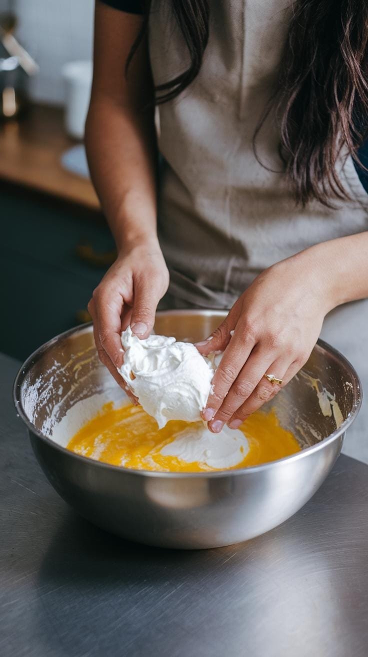 A person carefully folding airy whipped egg whites into a smooth yolk mixture while preparing cloud bread.