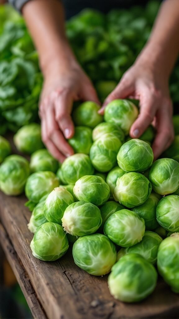Perfect Roasted Brussels Sprouts 3 Fresh brussels sprouts on a wooden surface at a market