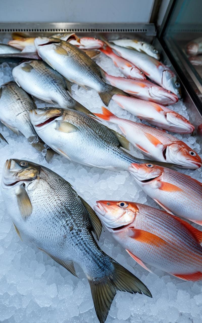 Steamed Fish With Ginger: A Delicious Chinese Classic 4 A fishmonger's display case featuring fresh whole white fish like sea bass, tilapia, and red snapper, prepared for steaming.