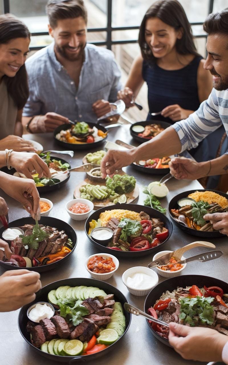 A group of friends gathered around a table, preparing their own fajita bowls from a variety of ingredients and toppings.