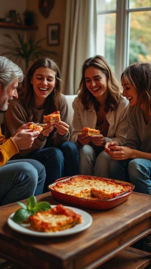 Gluten-Free, Dairy-Free Lasagna: A Comforting Classic Reimagined 7 Friends laughing together in a cozy living room while enjoying gluten-free lasagna.