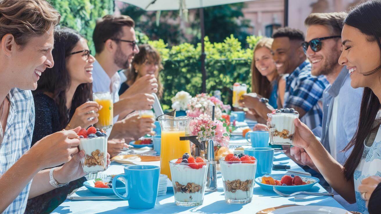 A group of friends sitting outdoors, laughing and chatting while enjoying colorful yogurt parfaits under bright, warm sunlight.