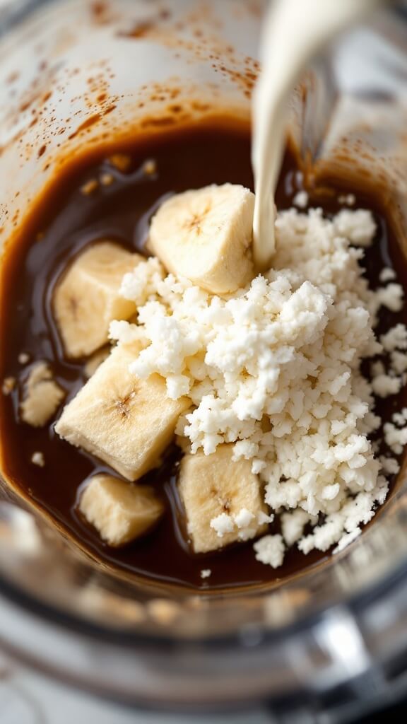 Protein Coffee Smoothie 5 Adding frozen banana and cauliflower to coffee-milk mixture in blender