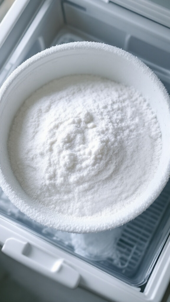 Frost covered white mixing bowl being taken out from a freezer, viewed from above in soft natural light