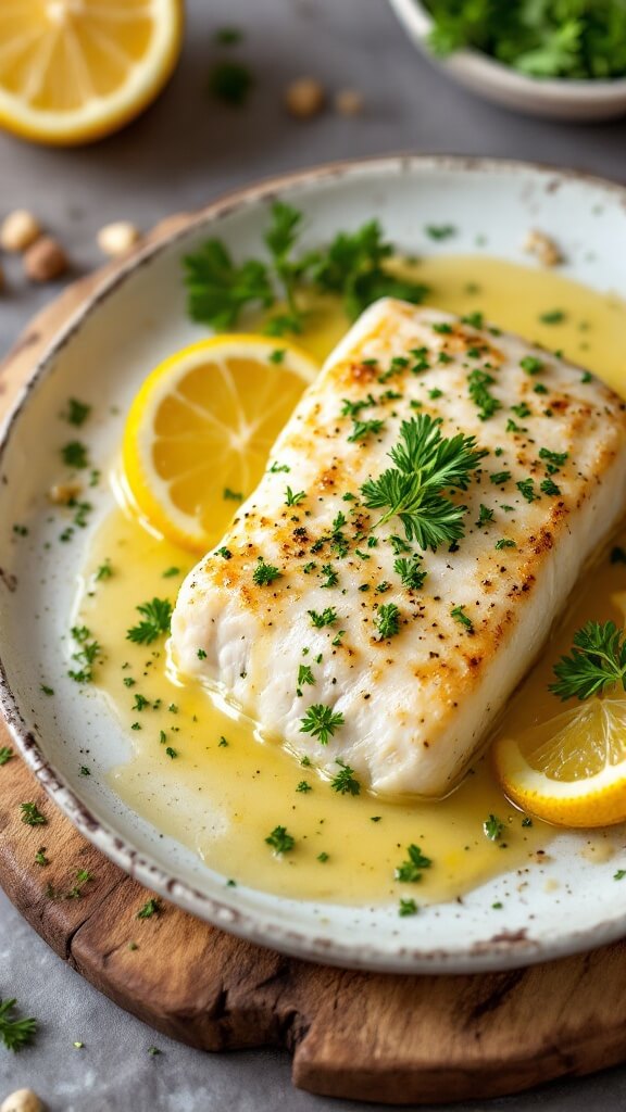 Raw cod fillets being patted dry on a clean white marble countertop