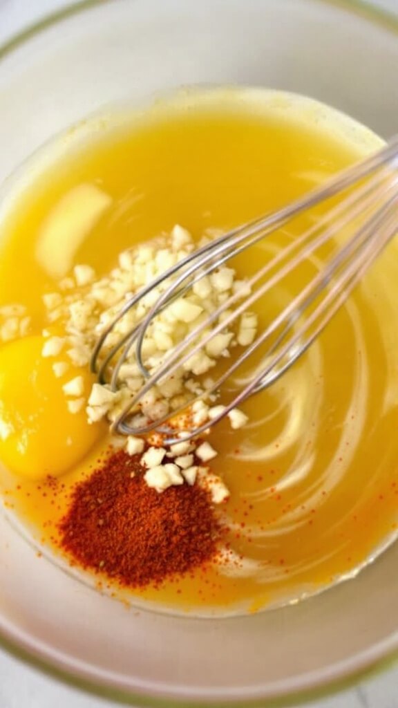 Whisk stirring a blend of melted butter, minced garlic, lemon juice, paprika, and red pepper flakes in a small glass bowl