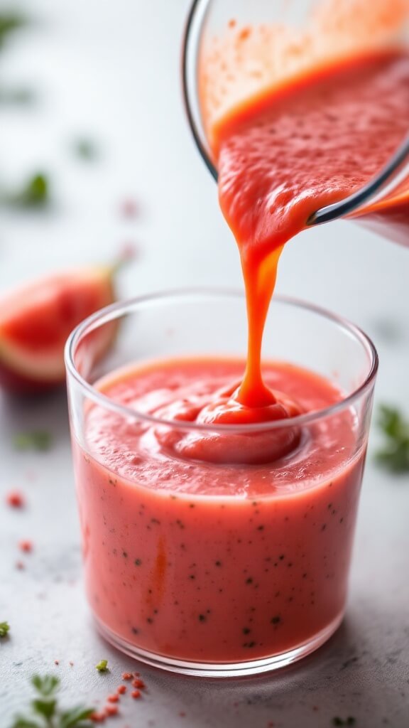 Watermelon Gazpacho - A Refreshing No-Cook Summer Soup 7 Gazpacho soup being poured into a clear container showing its pink texture and tiny vegetable flecks