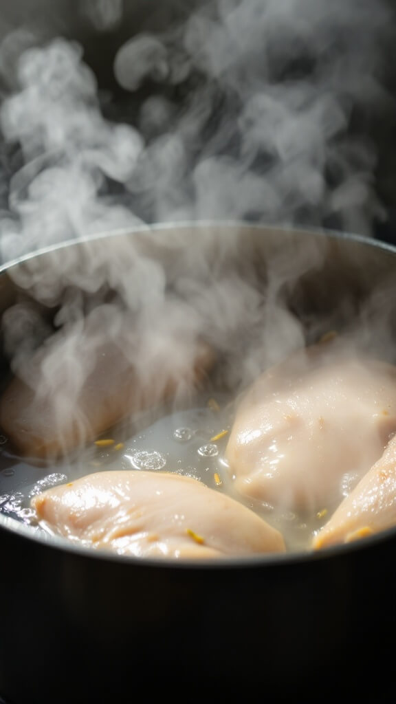 Perfect Poached Chicken Breasts 5 Steam rising from a pan with simmering water at 175°f, chicken and aromatics beneath the surface, tiny bubbles visible around the edges in natural daylight