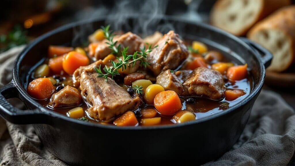 Classic Rabbit Stew (Hasenpfeffer) 2 "steaming hasenpfeffer in a cast iron dutch oven garnished with thyme sprigs, with crusty bread on the side, shot from a 45-degree angle in warm lighting"