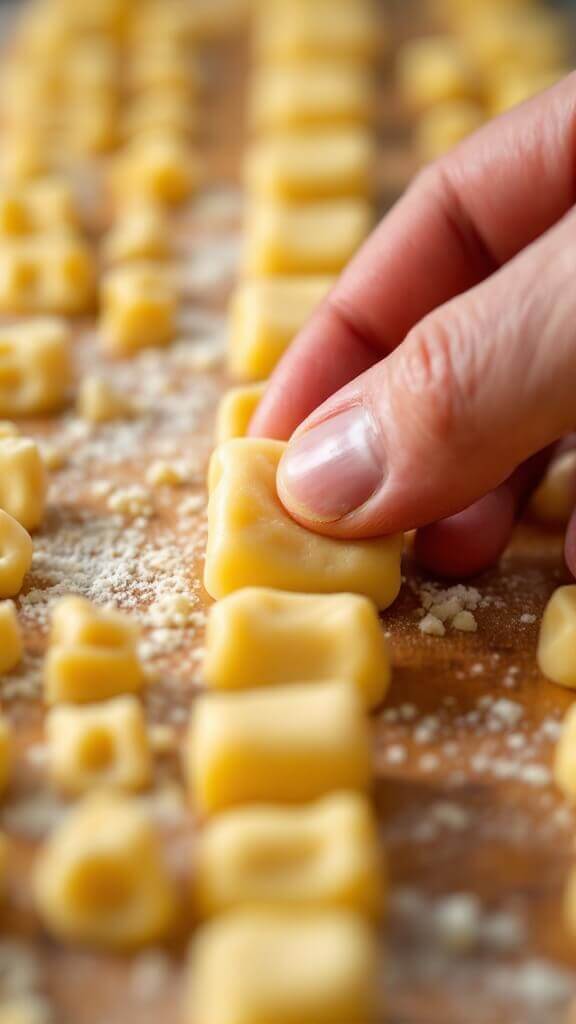 Close-up image of fingers shaping gnocchi on a traditional wooden board with finished and unfinished pieces visible