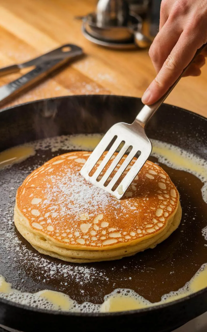 Almond Flour Pancakes: The Ultimate Gluten-Free Breakfast Treat 5 A golden almond flour pancake being flipped in a frying pan.