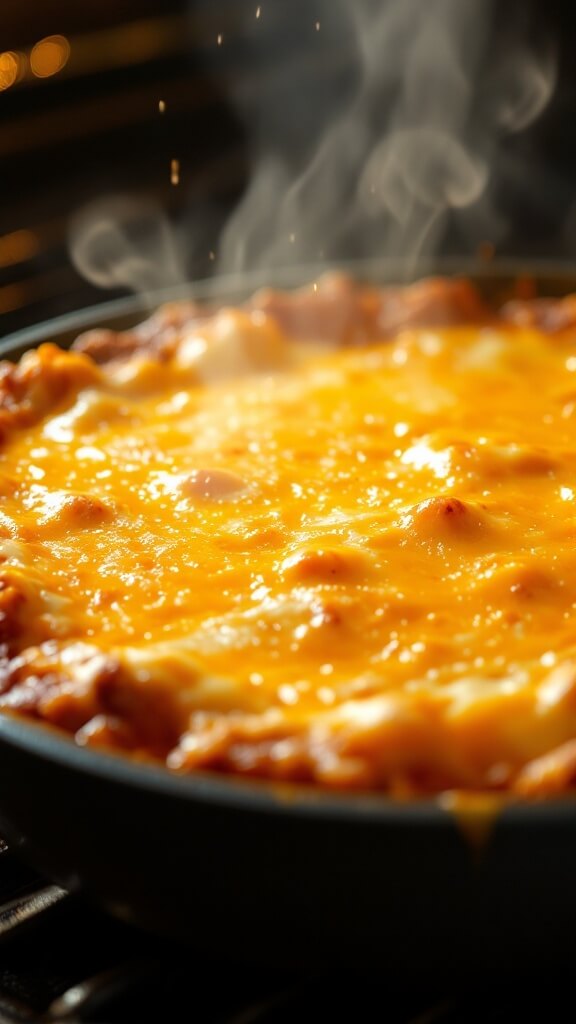 Keto Buffalo Chicken Dip (Easy, Low-Carb Party Favorite) 8 Freshly baked golden cheesy dip with bubbling surface and slightly browned edges, steam rising visibly