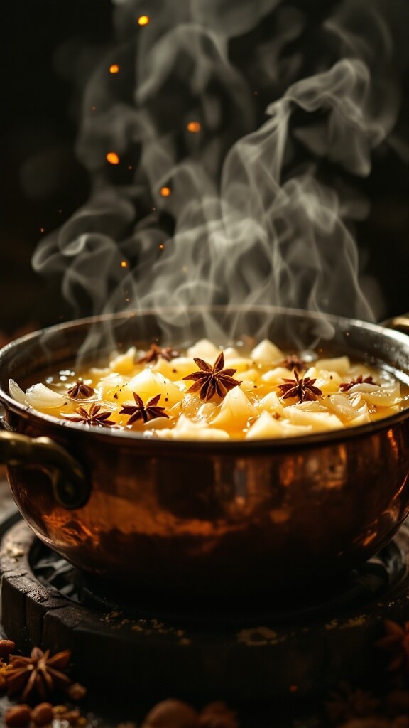 Glistening golden ghee sizzling with whole spices in a copper pot, and steamy onions turning translucent around the edges