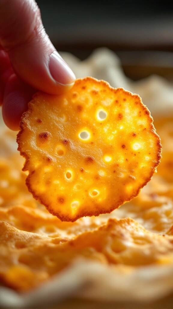 Crispy Cheese Crisps (4 Easy Methods) - Ready In Minutes! 8 Close-up image of a perfectly cooked, golden-brown cheese crisp being lifted from parchment paper, showcasing its lacy texture and transparency
