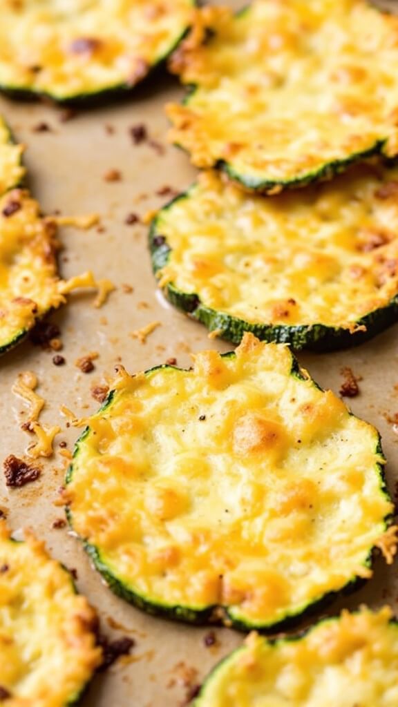 Golden-brown zucchini crisps with caramelized cheese on a baking sheet