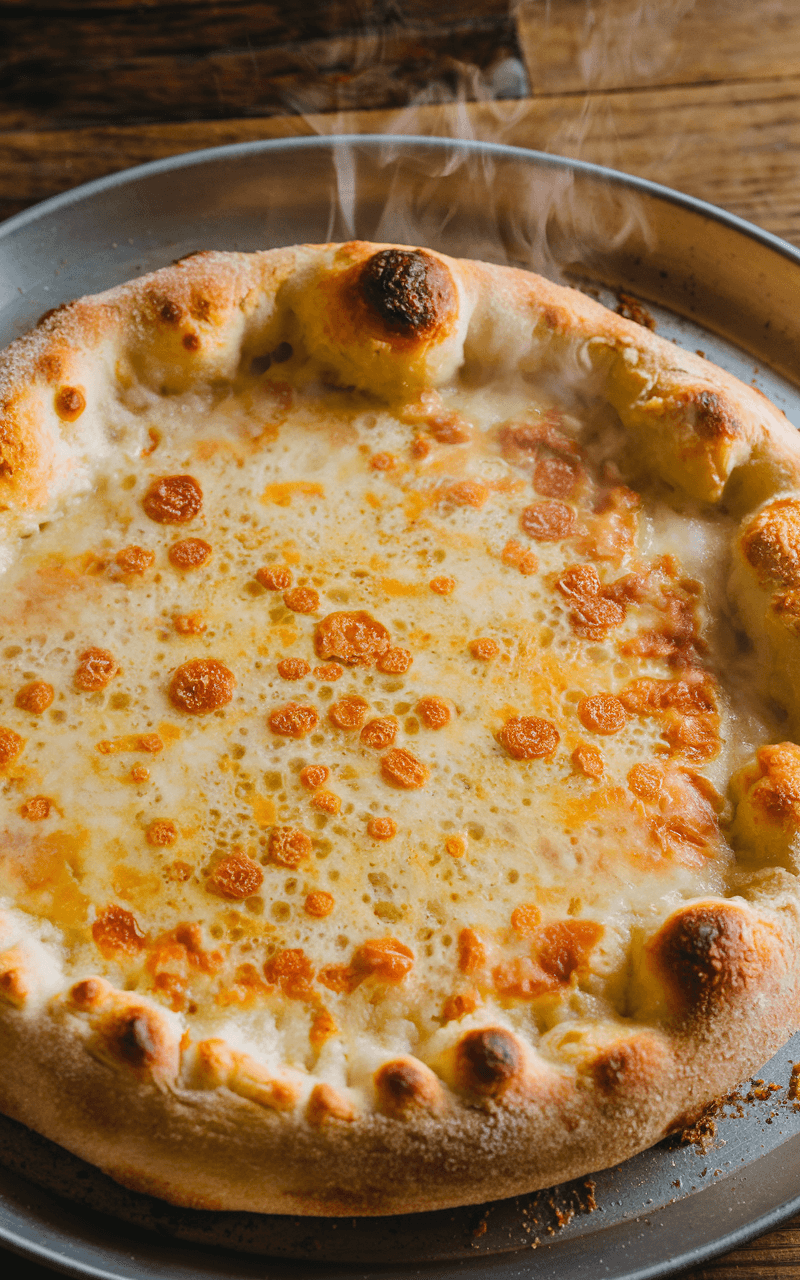 A freshly baked golden brown keto pizza crust on a pan, steaming with visible air bubbles and crispy edges.