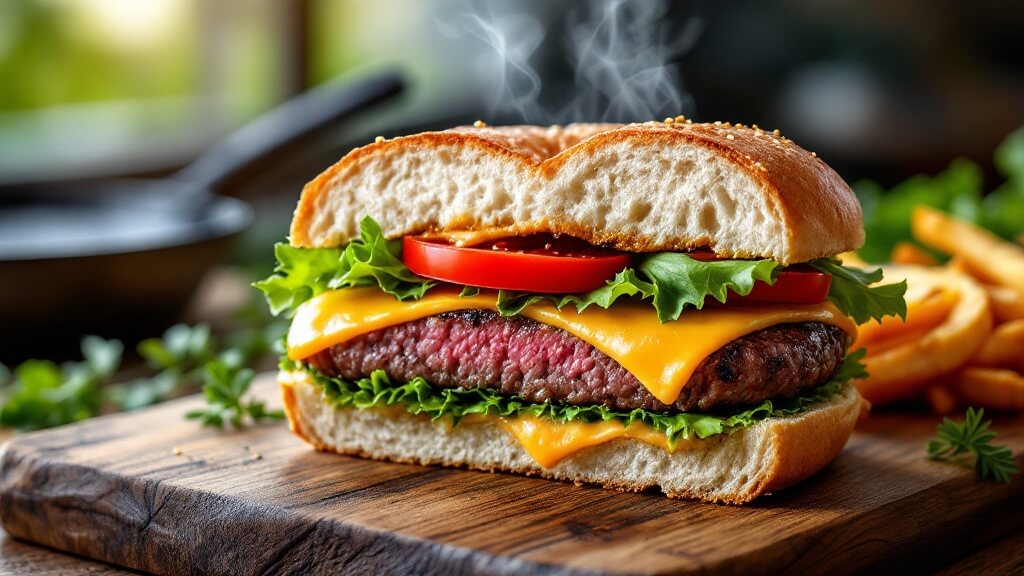 "gourmet ostrich burger with lettuce, tomato, and cheddar on a brioche bun, served on a rustic wooden board under natural window light"