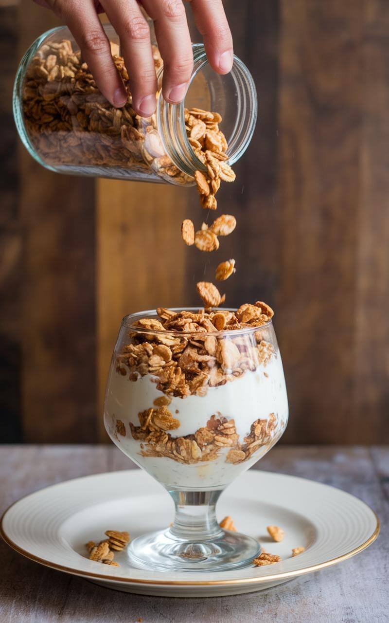A hand sprinkles granola from a jar over a parfait, with the granola in mid-air creating a cascading effect