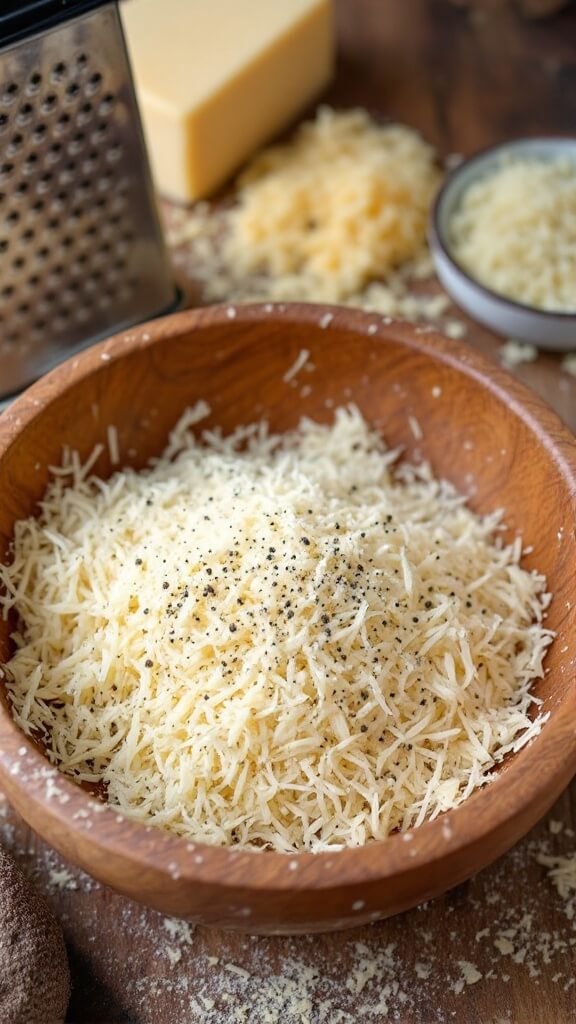 Bowl of freshly grated parmesan cheese with black pepper and garlic powder, next to a box grater and parmesan block