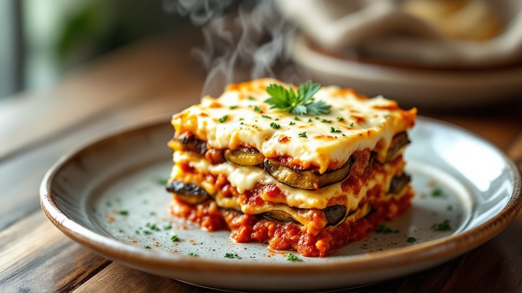 "steaming greek moussaka slice on rustic ceramic plate, highlighting distinct layers of eggplant, meat sauce, and béchamel, garnished with fresh oregano in soft natural lighting. "