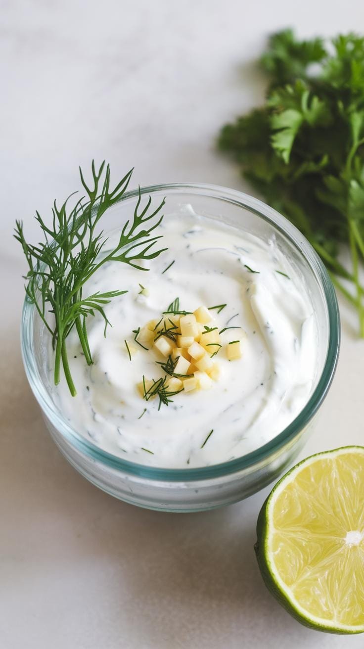 A small glass bowl of greek yogurt dressing with specks of fresh dill and minced garlic, next to a juicy lime half.