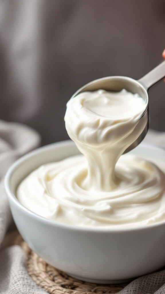Measuring cup scooping thick white greek yogurt from ceramic bowl