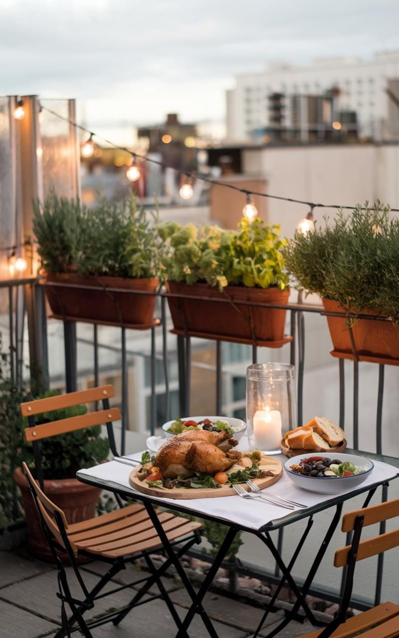 Cozy balcony adorned with string lights, potted herbs, and a dinner table set for an intimate greek-inspired meal for two.