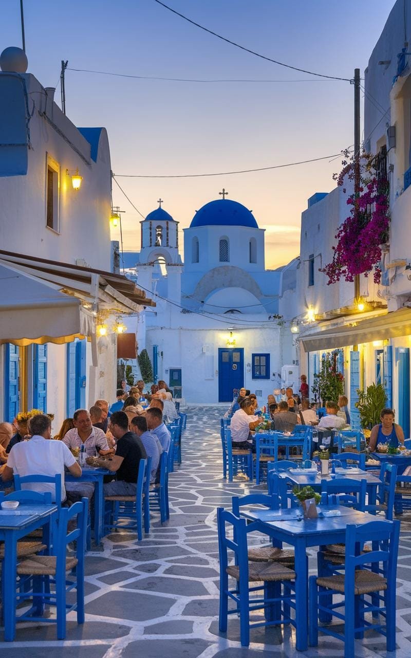 Mediterranean Quinoa Bowl: A Vibrant, Protein-Packed Meal 4 A quaint greek village square at dusk with people enjoying an outdoor evening meal, surrounded by stone buildings and lush greenery.