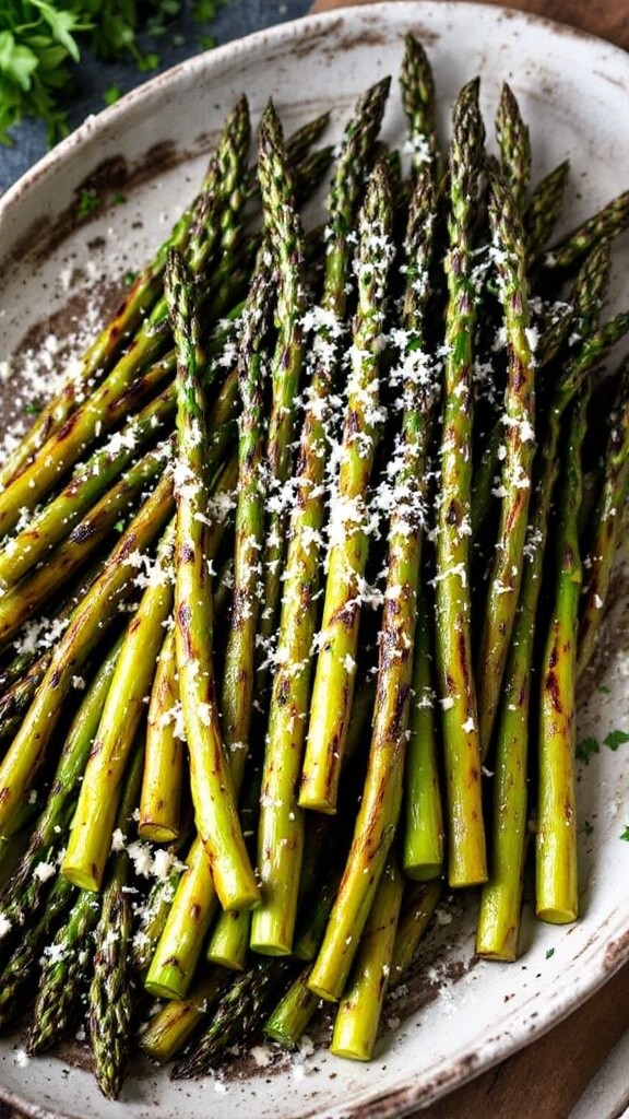 Perfect Grilled Asparagus: A Simple 10-Minute Side Dish 6 Grilled asparagus with char marks on a rustic platter, topped with freshly grated parmesan and herbs, steam rising subtly