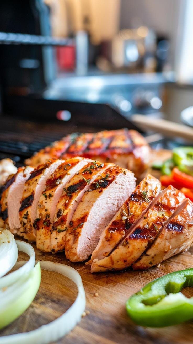 Close-up of grilled chicken breast slices with prominent grill marks and a dash of fajita seasoning.