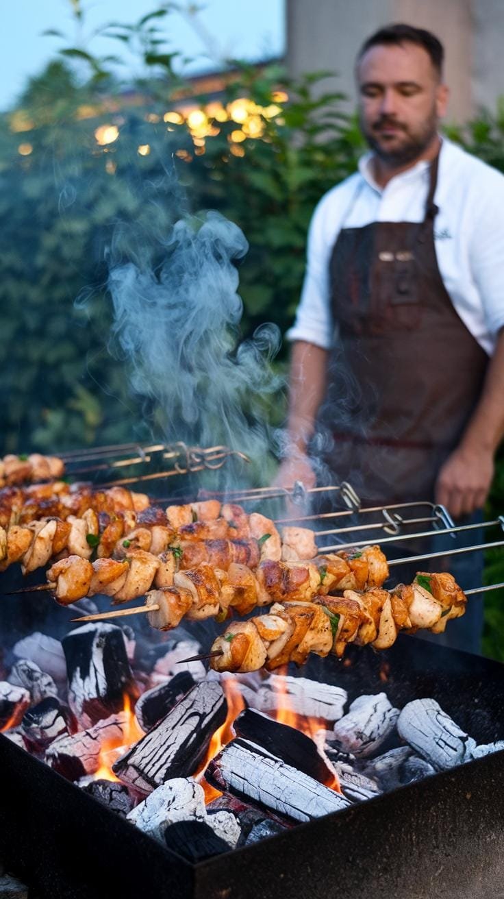 Outdoor grill with marinated chicken skewers sizzling over charcoal, smoke rising into the evening air.