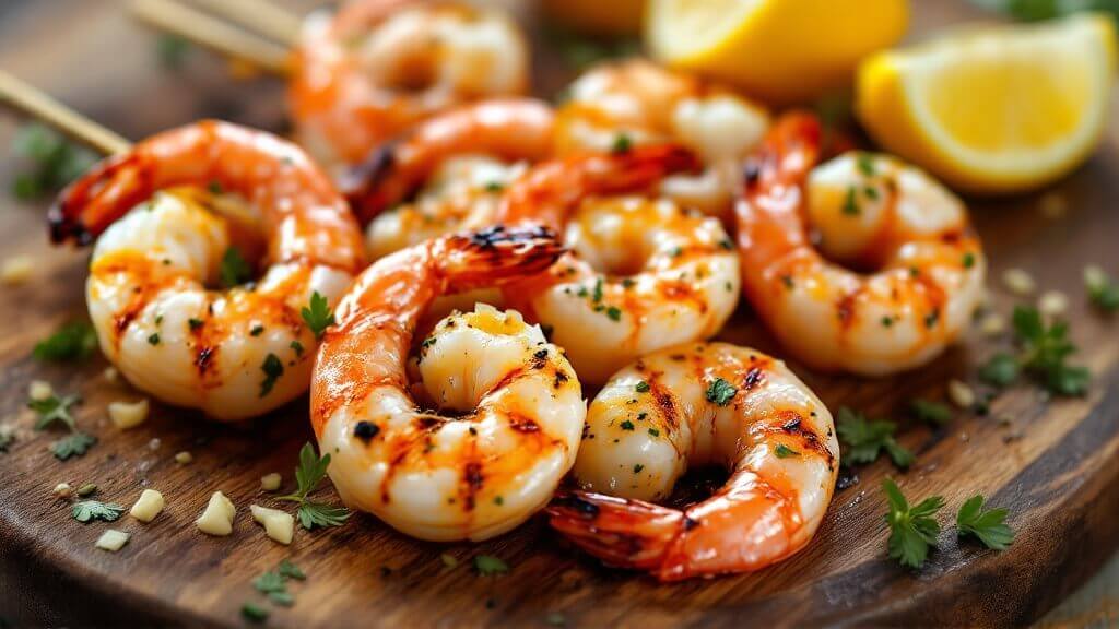 Perfect Grilled Shrimp Skewers 2 "grilled garlic-lemon shrimp skewers with char marks on a rustic wooden board with fresh lemon and herbs"