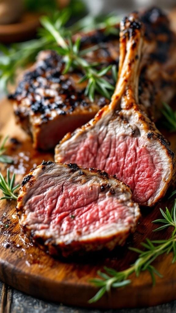 A wooden cutting board with grilled lamb chops, sliced to reveal a juicy pink center, garnished with fresh rosemary sprigs.