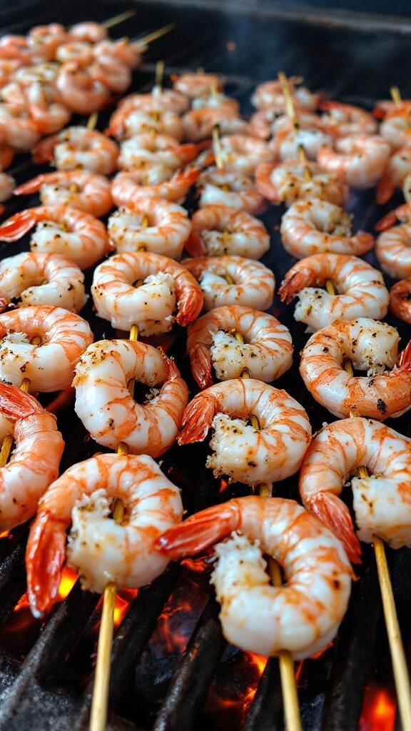 Perfect Grilled Shrimp Skewers 7 Mid-process grilling of shrimp skewers, with some pink and curled while others remain grey and straight, small flames peeking through grill grates