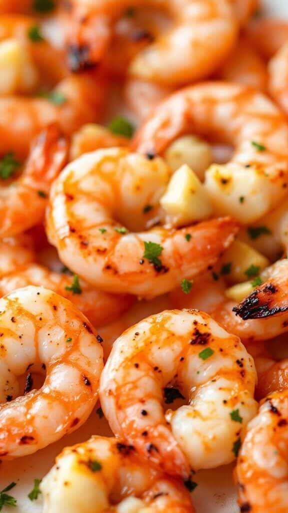 Perfect Grilled Shrimp Skewers 8 Grilled shrimp skewers with ideal 'c' shape and light char marks, bright pink in color, plump and juicy with visible herbs and garlic pieces