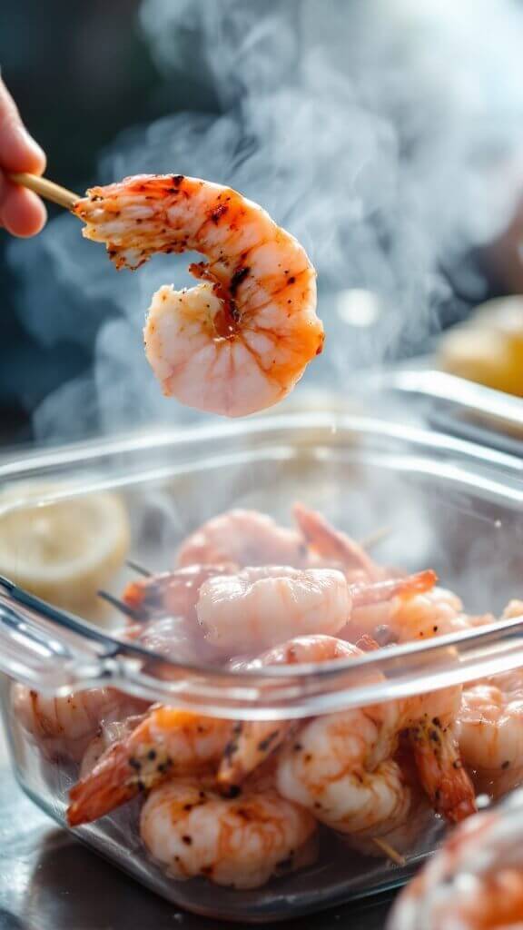 Perfect Grilled Shrimp Skewers 9 Steam rising from freshly grilled shrimp being transferred from skewers to an airtight glass container in a storage scene