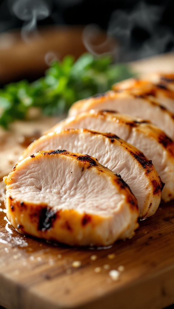 Sliced grilled chicken breast with visible grill marks and steam rising on a wooden cutting board