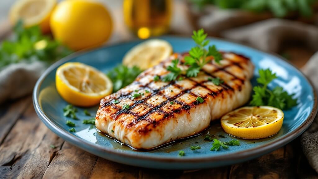 "grilled swordfish steak with crosshatch grill marks on a blue ceramic plate, garnished with charred lemon halves and fresh parsley, displayed on a rustic wooden table with a blurred background featuring an olive oil bottle and fresh lemons"