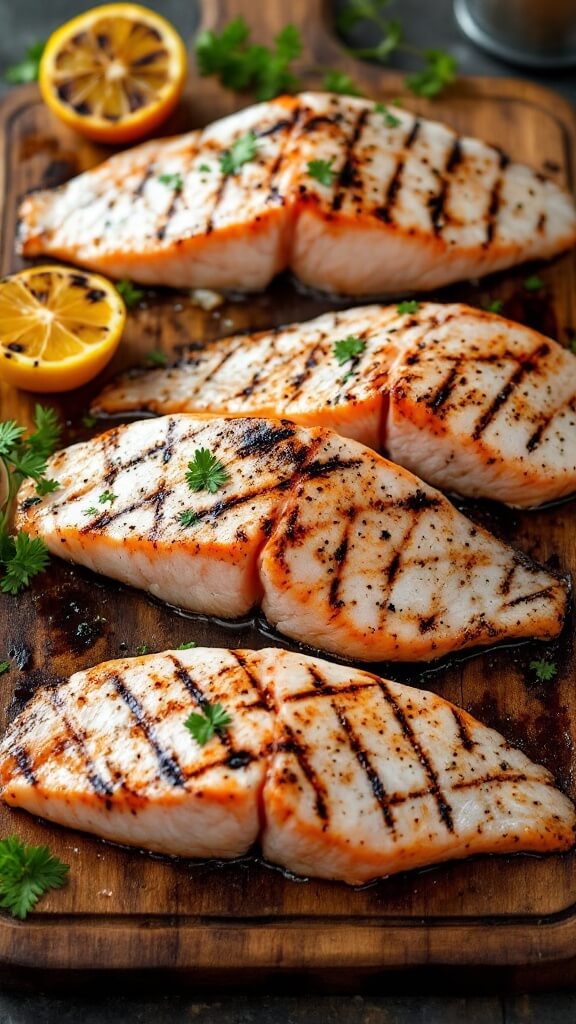Four grilled swordfish steaks on a wooden board with charred lemon halves and fresh parsley, showing a slightly pink center