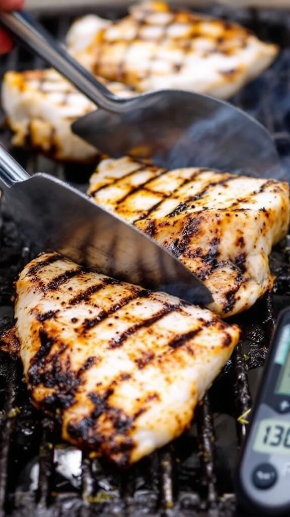 Grilled swordfish steaks being flipped, showing charred crosshatch marks, and digital thermometer reading 130°f.