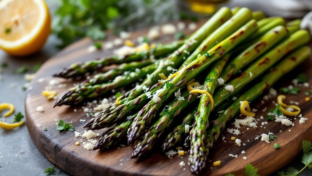 Perfect Grilled Asparagus: A Simple 10-Minute Side Dish 2 "grilled asparagus spears on a rustic wooden platter with parmesan, fresh herbs, lemon zest, and olive oil, under bright natural lighting"
