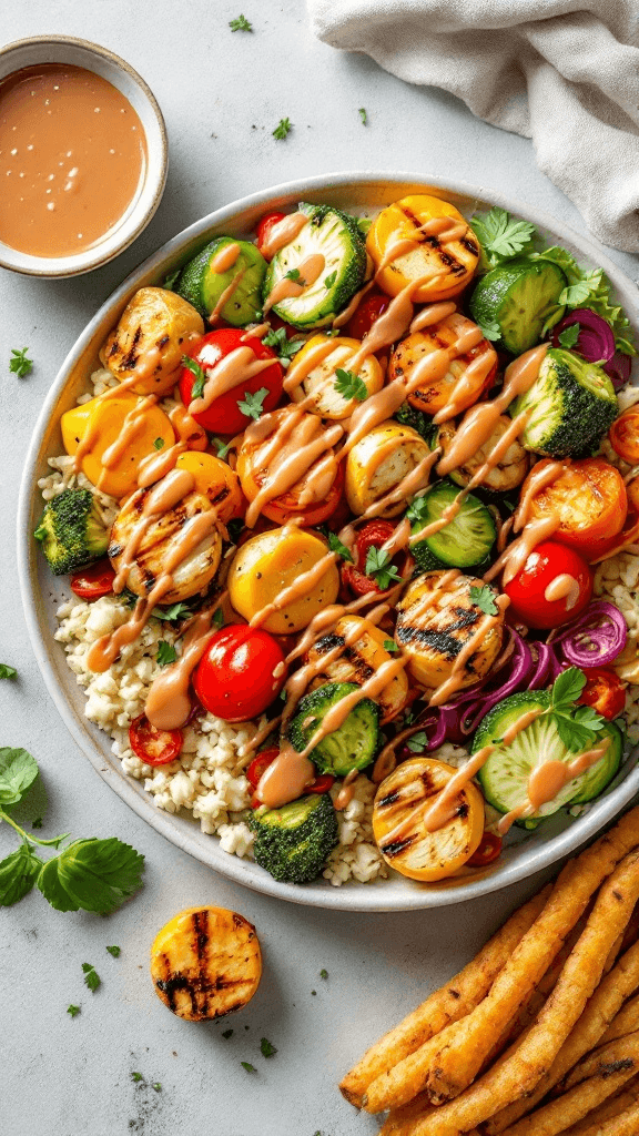 Healthy Yum Yum Sauce: A Guilt-Free Twist On A Classic 6 Aerial view of a vibrant plate with grilled vegetables and protein topped with a drizzle of yum yum sauce, accompanied by a small bowl of extra sauce.
