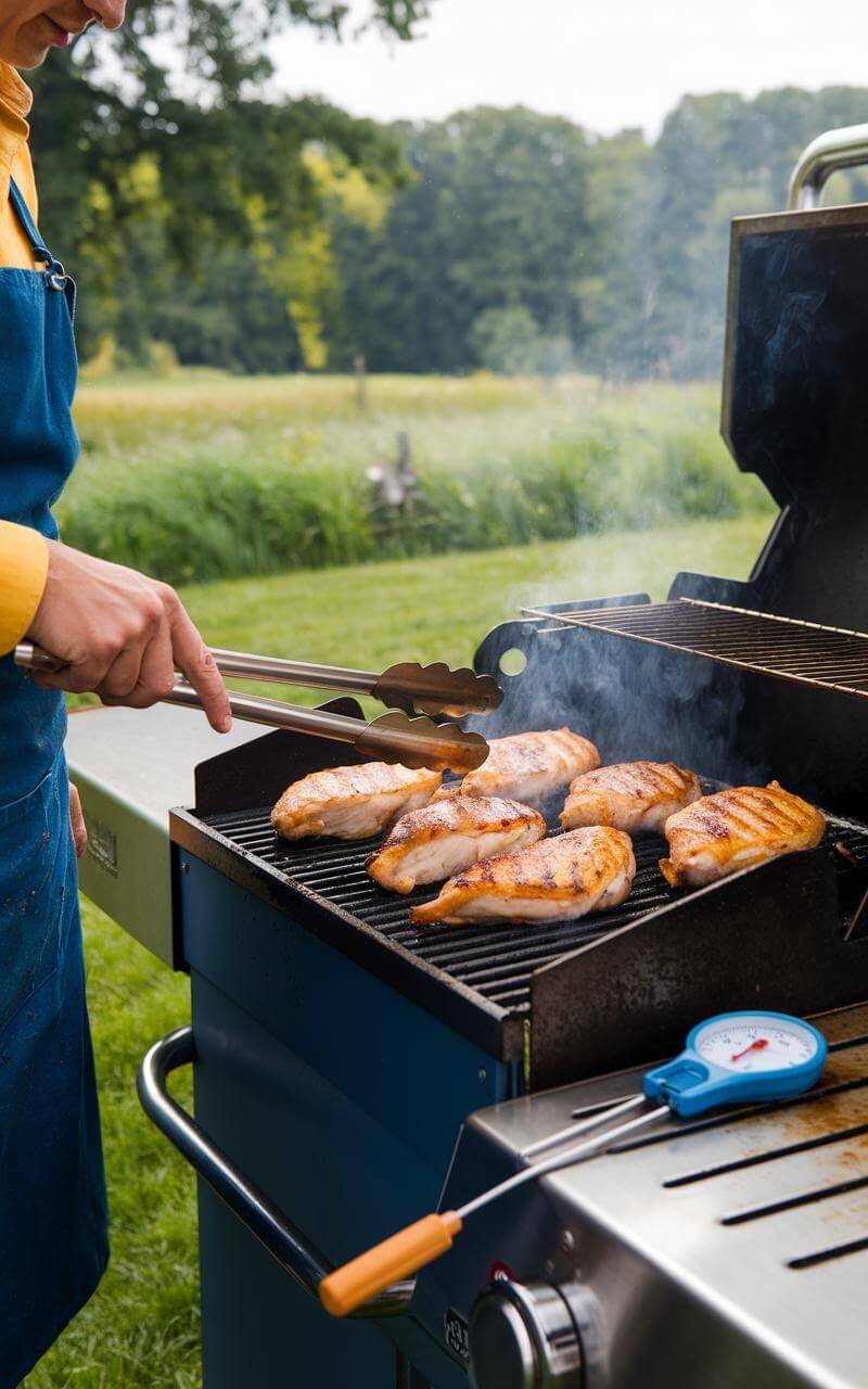 Grilling chicken with tongs, a timer, and a meat thermometer nearby