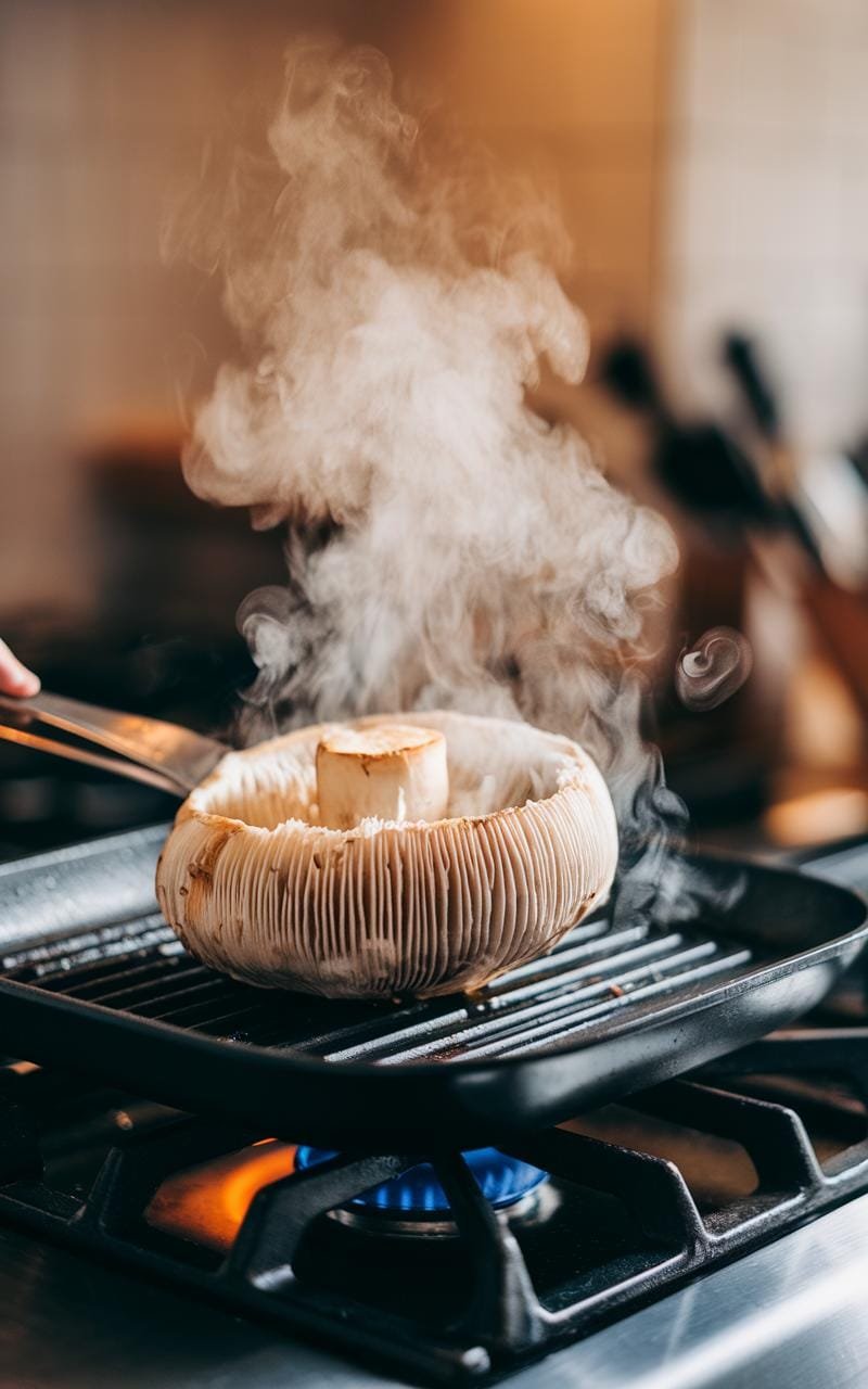 Grilled Portobello Mushroom Burger: The Meatless Marvel That'Ll Make You Forget Beef 4 Grilling portobello mushrooms with steam rising on a barbecue grill.