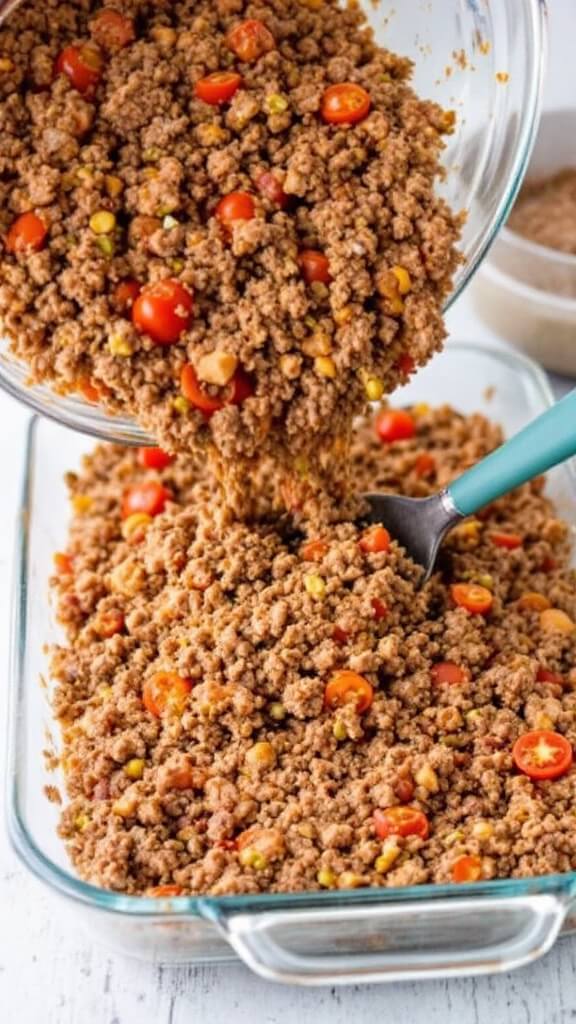Keto Taco Casserole 5 Seasoned ground beef with tomatoes and chilies spread evenly in a glass baking dish