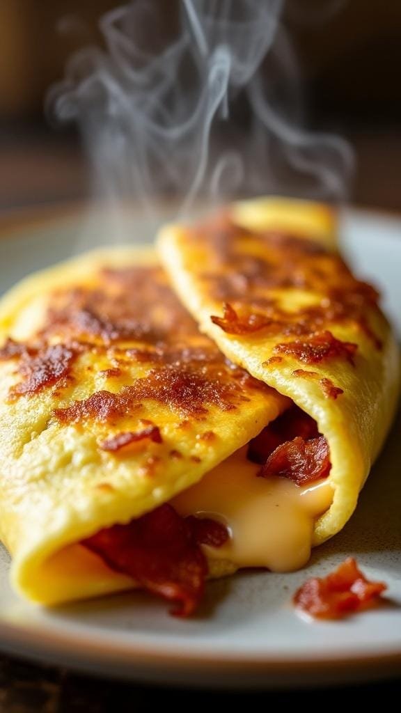 Half-folded omelette with cheese and bacon inside, steam rising from it.